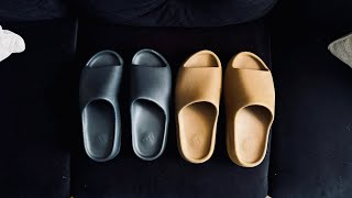 Yeezy Slides Onyx and Ochre Comparison  2021 vs 2024 Releases  Both US Size 12 and Made in China [upl. by Nnylahs842]