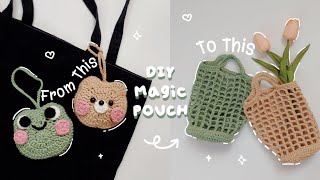 ♡ Crochet Magic Pouch that turns into Net Bags  Bear amp Frog Pouch Tutorial ♡ [upl. by Norehs364]