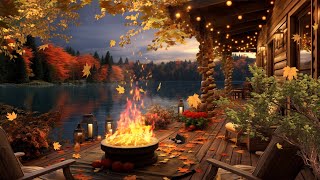 Autumn Ambience by the Lake🍁Cozy Porch with Rain Sounds fall leaves amp Crackling Fireplace [upl. by Hahsia]