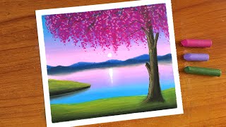 Oil Pastel Spring Scenery Painting for beginners  Oil Pastel Drawing Cherry Blossom [upl. by Thorwald]