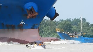 Canoe Cuts Through Rough Waters In Front Of Massive Cargo Ship [upl. by Snahc]