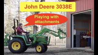 John Deere 3038e  Playing with attachments [upl. by Airun]