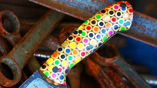 A KNIFE HANDLE MADE FROM COLORED PENCILS Trollsky Knifemaking [upl. by Haissem]