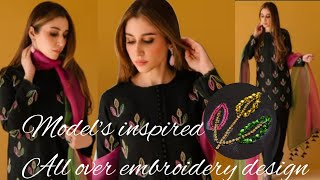 Simple all over embroidery design✨️new dress design hand work🤍pakistani style hand embroidery design [upl. by Libove]