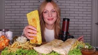 MUKBANG  Три домашних шаурмы с креветками курицей говядиной  Shawarma Rolls  не ASMR [upl. by Olette]