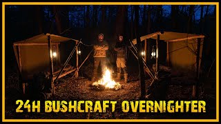 24h Bushcraft Übernachtung  Shelterbau Fackel aus Kienspan improvisiert kochen  Survival Outdoor [upl. by Cyprio938]