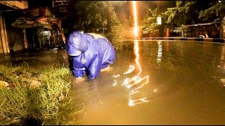 OMG Massive Clogged Culvert Drain Rain Water On Street Road On Night With Activity Remove Trash [upl. by Disario]