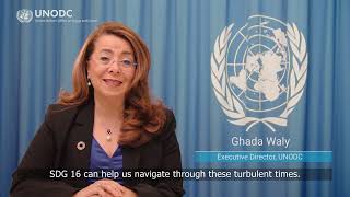 SDG 16 Conference 2023Video Intervention Ghada Fathi Waly UNODC [upl. by Ayekin]