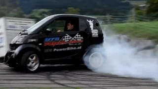 Smart Car with Hayabusa Turbo Engine Smart Hayabusa Donuts and Burnout Brutal Exhaust Sound [upl. by Anayia]