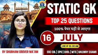 16 July 2024  GK Questions  SSC CGL CHSL GD MTS  Static GK by Shubham staticgk static [upl. by Kcirddes]