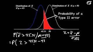 Calculating Power and the Probability of a Type II Error A OneTailed Example [upl. by Yeleak]