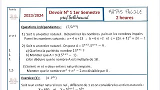 Devoir N 1 1er Semestre Tronc commun Biof Maths TCSF Mathématiques Ensemble ℕ notions arithmétique [upl. by Elleraj]