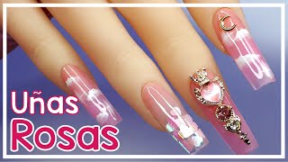 UĂ‘AS ACRĂŤLICAS BONITAS color ROSA  GELISH y NAIL ART REALISTA y MUY FĂCIL  Tutorial paso a paso [upl. by Ayanej369]