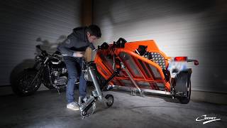 Folding Motorbike Trailer with lowering flatbed Model DUO from COCHET [upl. by Pogue730]