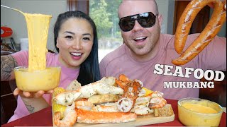 KING CRAB LOBSTER SEAFOOD BOIL  SAUSAGE CHEESE SAUCE MUKBANG LETS EAT  SASVlogs [upl. by Jaimie]