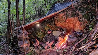 Bushcraft SURVIVAL CAMPING in the RAIN  Stone Shelter Build Outdoor Cooking Nature Adventure [upl. by Diego]