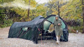 INTERESTING SPACE STATION SHAPED INFLATABLE TENT CAMPING WITH WOODSTOVE IN THE RAIN [upl. by Yneffit]