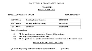 Half Yearly Exam Question Paper  Class8 ENGLISH 2023 CBSE Paper For Kendriya Vidyalaya Students [upl. by Ahsait235]