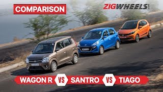 Maruti Suzuki WagonR vs Hyundai Santro vs Tata Tiago  Compact hatch comparison  ZigWheelscom [upl. by Glinys]