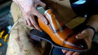 Handmade shoes craftsman with 50 years of experience Process of making brown shoes [upl. by Eatnohs915]