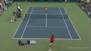 US Open 2009 Roger Federers Incredible Between the Legs Shot against Novak Djokovic HD [upl. by Derrek]