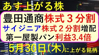 あす上がる株 2024年５月３０日（木）に上がる銘柄 豊田通商が株式分割。三菱重工、三菱電機が急落、第一屋製パンが大増益。サイジニアが株式分割～最新の日本株での株式投資。高配当株やデイトレ情報も～ [upl. by Ilatfen54]