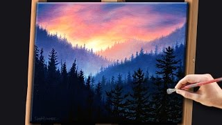 Acrylic Landscape Painting Techniques  Misty Forest with Sunrise [upl. by Irisa]