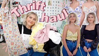 A BIG TRENDY SPRING THRIFT STORE TRY ON HAUL  my MOST colorful thrift haul with many FLORALS [upl. by Narah19]