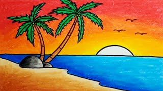 How To Draw Scenery Beach And Sunset Easy With Crayons Drawing Nature Scenery Beautiful [upl. by Fini216]