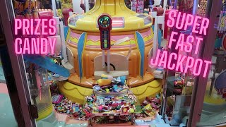 Super Fast BIG SWEET LAND JACKPOT Arcade Candy Pusher  Lots of Prizes [upl. by Nerita]