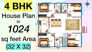 4 BHK House Plan in 1024 sq feet Area  32 X 32 House Plan  32 X 32 Ghar Ka Naksha [upl. by Disini]