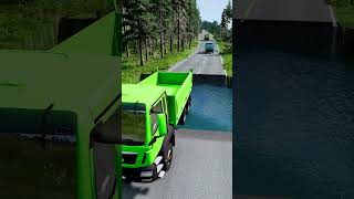 Dump truck vs huge water pit 7  carsvswaterpit doubleflatbedtrailertruckvsspeedbumps [upl. by Edmond]