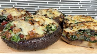 Stuffed Portobello Mushrooms Bacon Onions Spinach and Cheese [upl. by Mcnair]