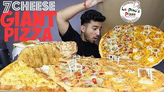 LA PINOS LARGEST 7 CHEESE MONSTER PIZZA MY MAC GIANT PIZZA SLICE STUFFED GARLIC BREAD MUKBANG [upl. by Retsevlis680]