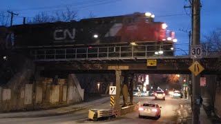 NIGHT TRAINS Five Engine CN Freight Crosses Charlevoix Street Bridge in Pointe St Charles [upl. by Ainak]