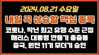 240820화 내일 핵심 테마종목 코로나 착년 최고수준 근접 해리스 대통령 만들기 총출동 중국 원전 11기 무더기 승인 대원제약  현대약품  우리바이오 [upl. by Gretna]