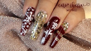 🎄UÑAS NAVIDEÑAS Color VINO y DORADO  Como Hacer UÑAS COFFIN SÚPER FÁCILES [upl. by Klotz]