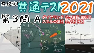 高校物理 共通テスト 2021 第３問A 解説 ダイヤモンド 光の屈折 屈折率 スネルの法則 全反射 分散 センター試験 [upl. by Eillom]