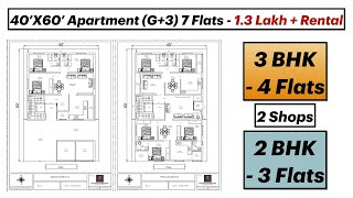 40X60 Apartment Plan with 7 Flats and 2 Shops  Residential Building  2400 Sqft  12X18 Meters [upl. by Honey48]