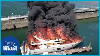 Drone footage captures superyacht turning into a fire ball [upl. by Michella683]