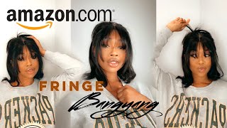 14 INCH AMAZON HUMAN HAIR WIG TRANSFORMATION Bob Wigs for Black Women Watch me cut fringe bangs [upl. by Orfield]