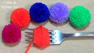 Super Easy Pom Pom Making Ideas with Fork  Hand Embroidery Amazing Trick Easy Woolen Flower Making [upl. by Yecram]