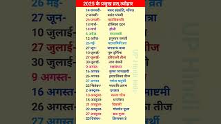 Calendar 2025  2025 Calendar  2025 ke Pramukh Vrat tyohar  2025 प्रमुख व्रत त्योहार [upl. by Ricardama290]