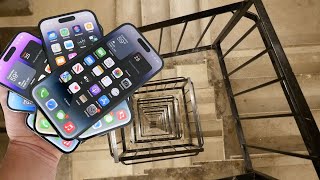 Dropping a Stack of 7 iPhone 14 Pros Down Crazy Spiral Staircase 300 Feet  Will They Survive [upl. by Garrot]