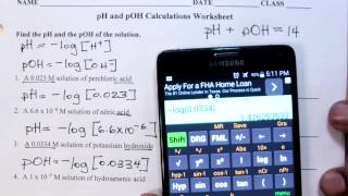 pH and pOH Calculations Worksheet [upl. by Fernas]