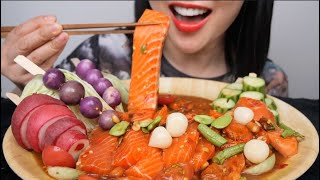 SUPER THICK CHUNKY RAW SPICY SALMON THAI STYLE ASMR EATING SOUNDS LIGHT WHISPERS  SASASMR [upl. by Anitsahs517]