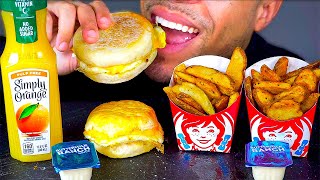 WENDYS BREAKFAST MENU REVIEW  ENGLISH MUFFINBUSCUIT CHEESEPOTATO WEDGESRANCH SAUCE ASMR MUKBANG [upl. by Allisan]