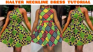 How to cut and sew a Halter Neckline Gathered dress Choker Neckline Turtle neckline Tutorial [upl. by Neffirg]