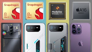 Snapdragon 8 Gen 2 vs SD 8 Gen 1 vs A16 Bionic vs Dimensity 9000 [upl. by Argent]