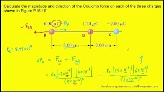 Calculate the magnitude and direction of the Coulomb force on each of the three charges shown in Fig [upl. by Yllime]